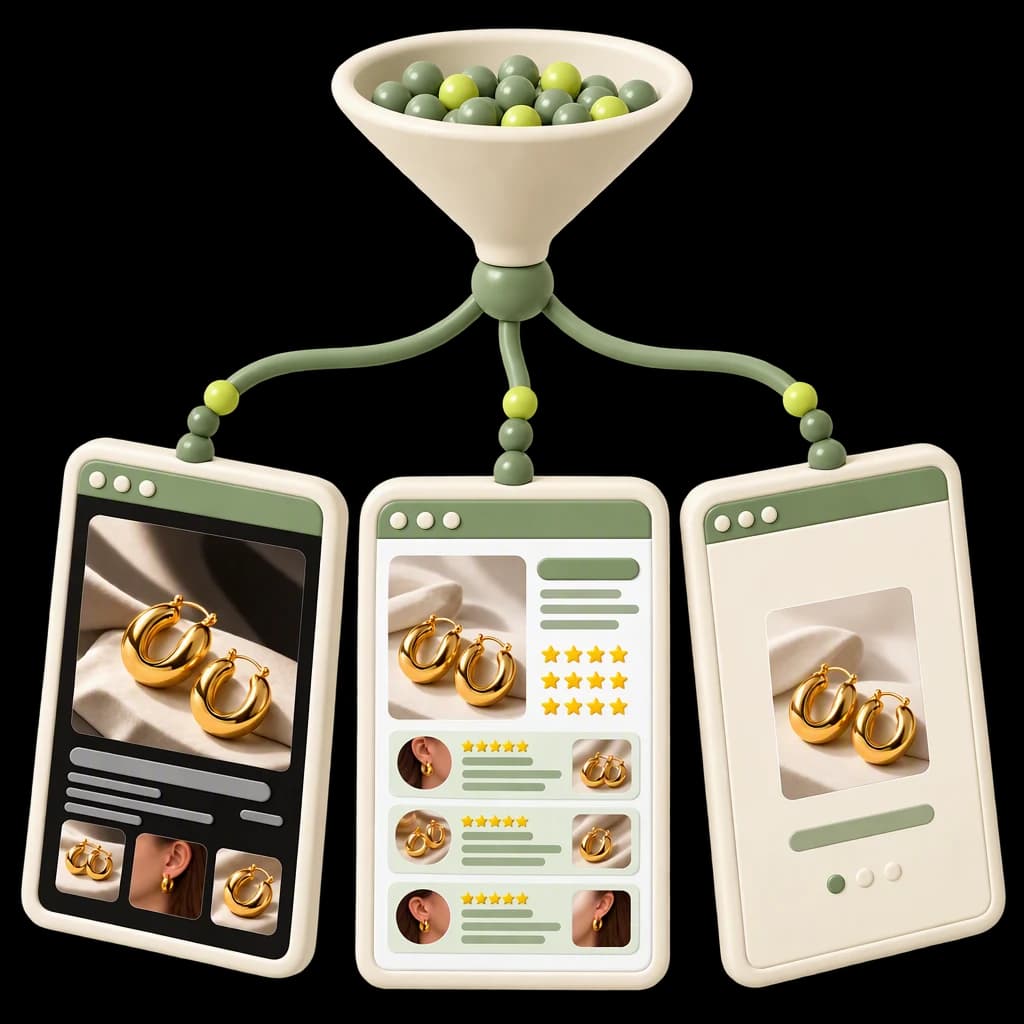 A funnel of visitors splits three ways into the three new page designs: dark editorial, social proof with reviews, and minimal.