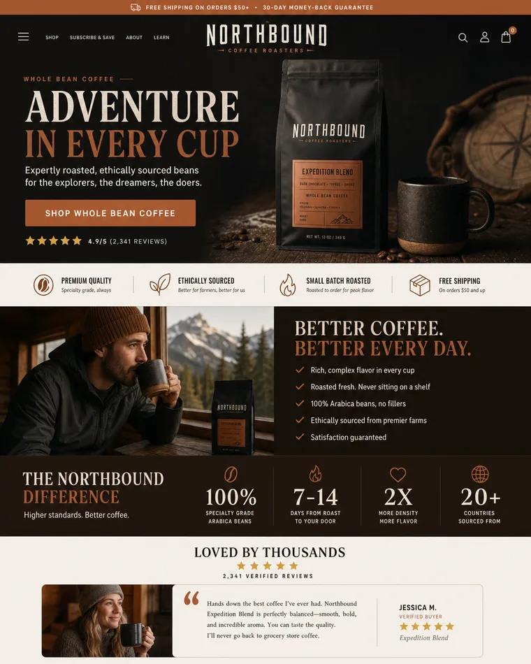 The same specialty coffee page rebuilt with a cinematic hero, trust badges, benefit sections and customer reviews