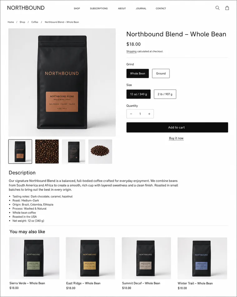 A plain default-theme specialty coffee product page before Darwiny rebuilds it