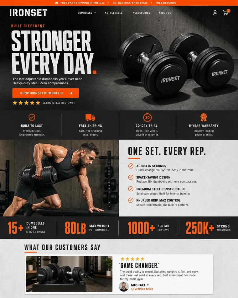 The same home fitness equipment page rebuilt with a cinematic hero, trust badges, benefit sections and customer reviews