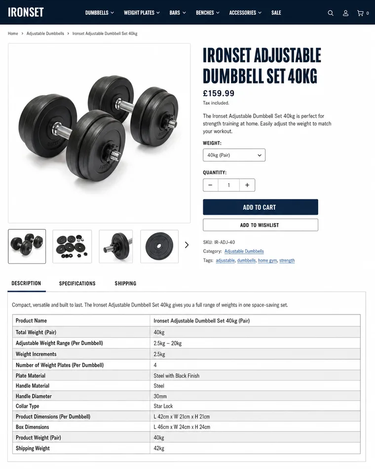 A plain default-theme home fitness equipment product page before Darwiny rebuilds it