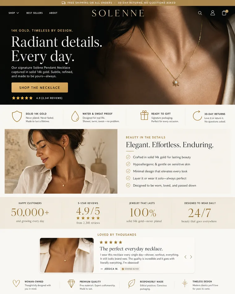 The same fine jewelry page rebuilt with a cinematic hero, trust badges, benefit sections and customer reviews