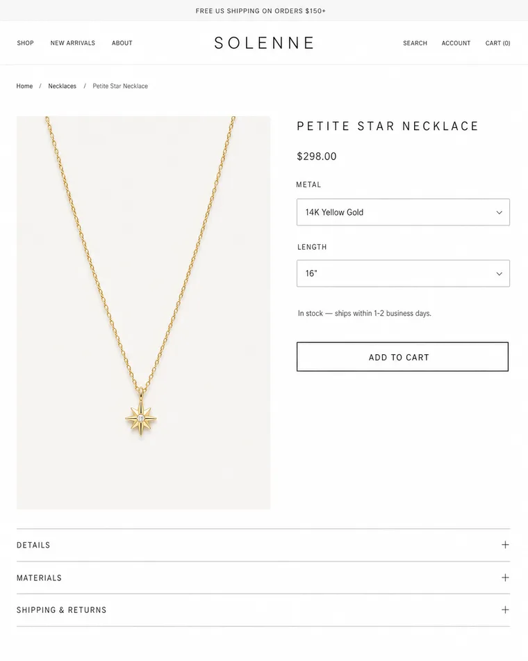A plain default-theme fine jewelry product page before Darwiny rebuilds it
