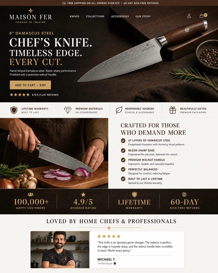 The same chef knives page rebuilt with a cinematic hero, trust badges, benefit sections and customer reviews