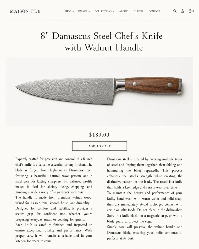 A plain default-theme chef knives product page before Darwiny rebuilds it