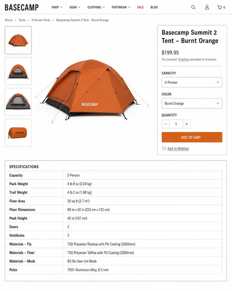 A plain default-theme camping gear product page before Darwiny rebuilds it