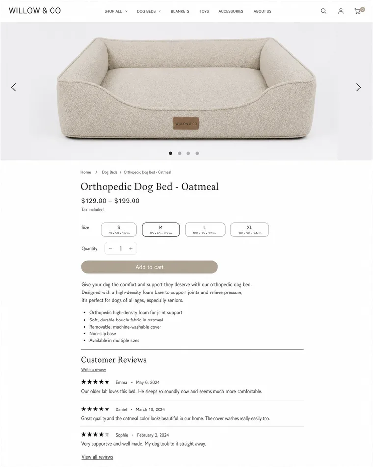 A plain default-theme pet furniture product page before Darwiny rebuilds it