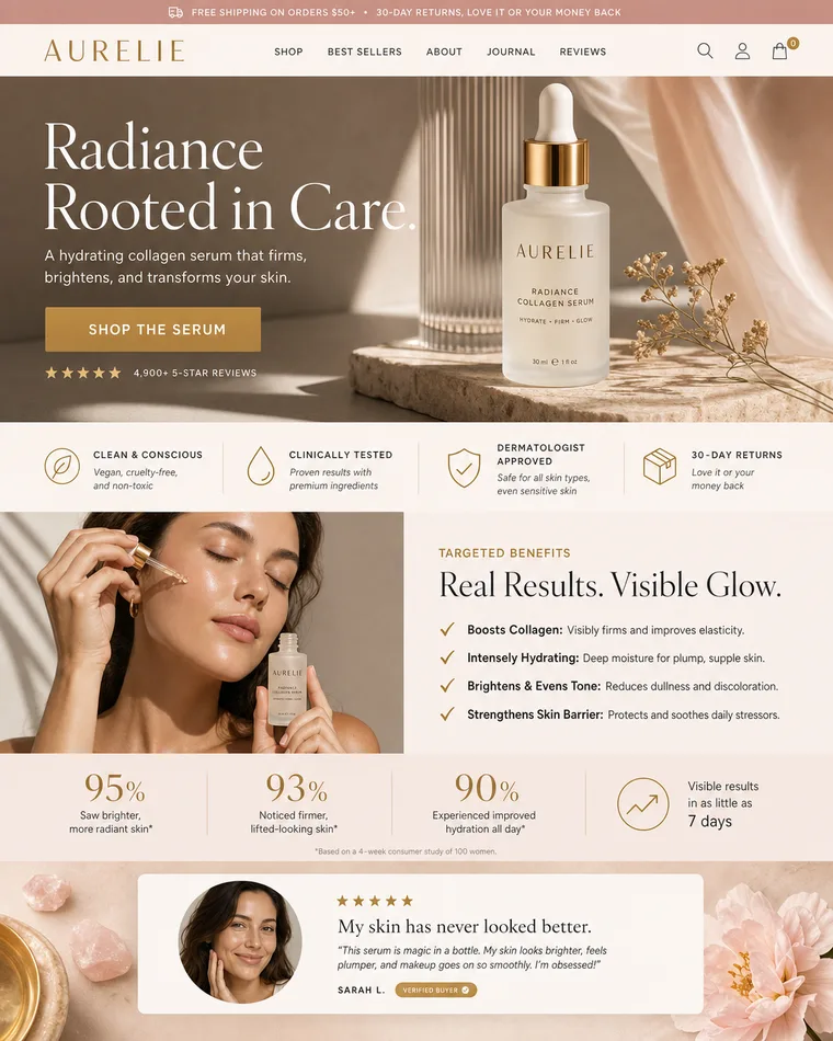 The same facial skincare page rebuilt with a cinematic hero, trust badges, benefit sections and customer reviews