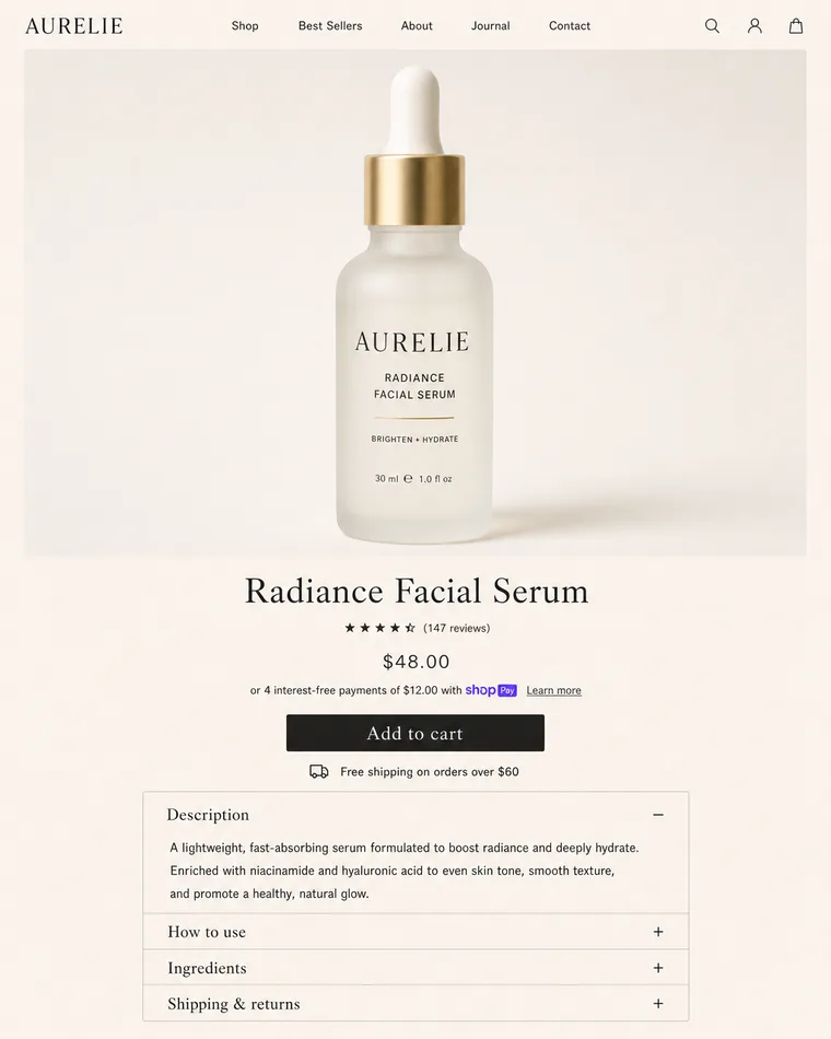 A plain default-theme facial skincare product page before Darwiny rebuilds it