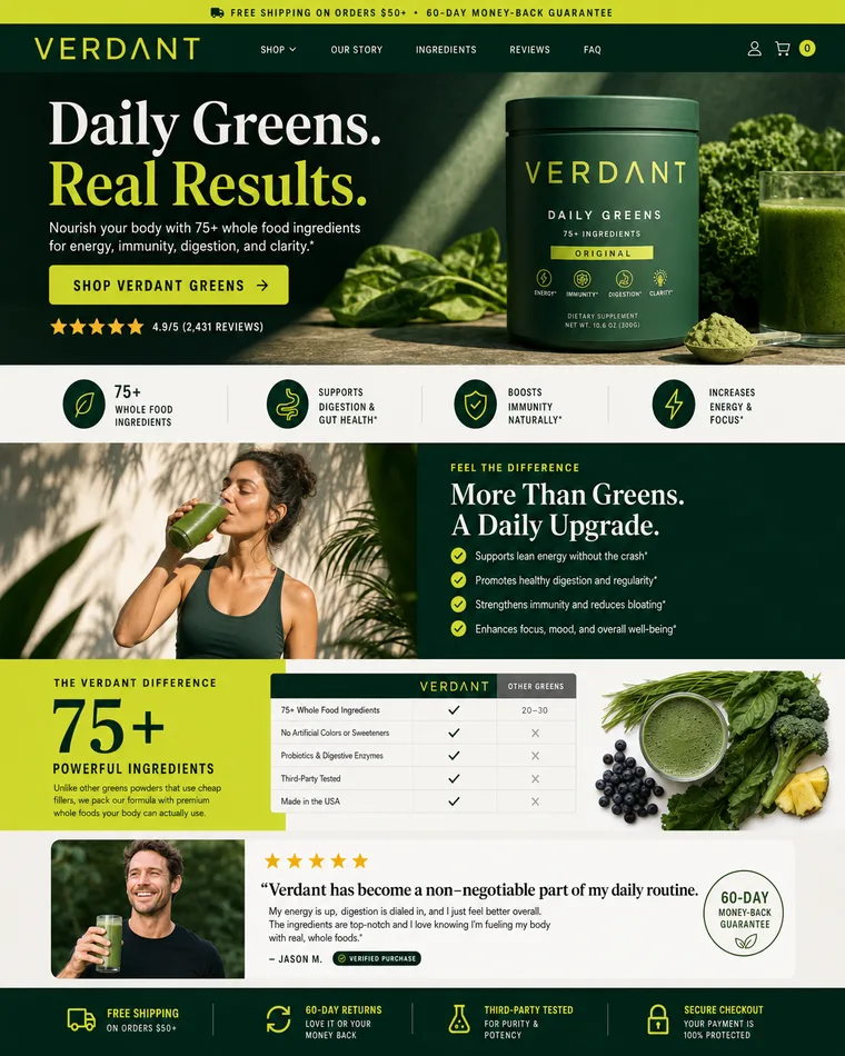 The same greens supplements page rebuilt with a cinematic hero, trust badges, benefit sections and customer reviews
