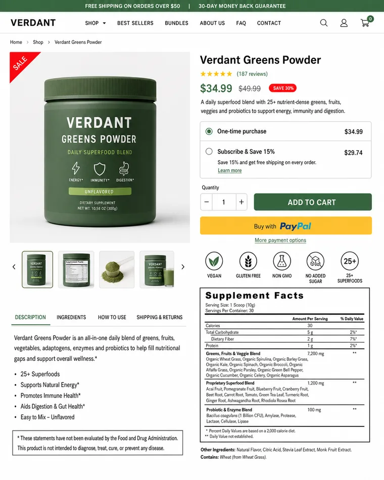 A plain default-theme greens supplements product page before Darwiny rebuilds it